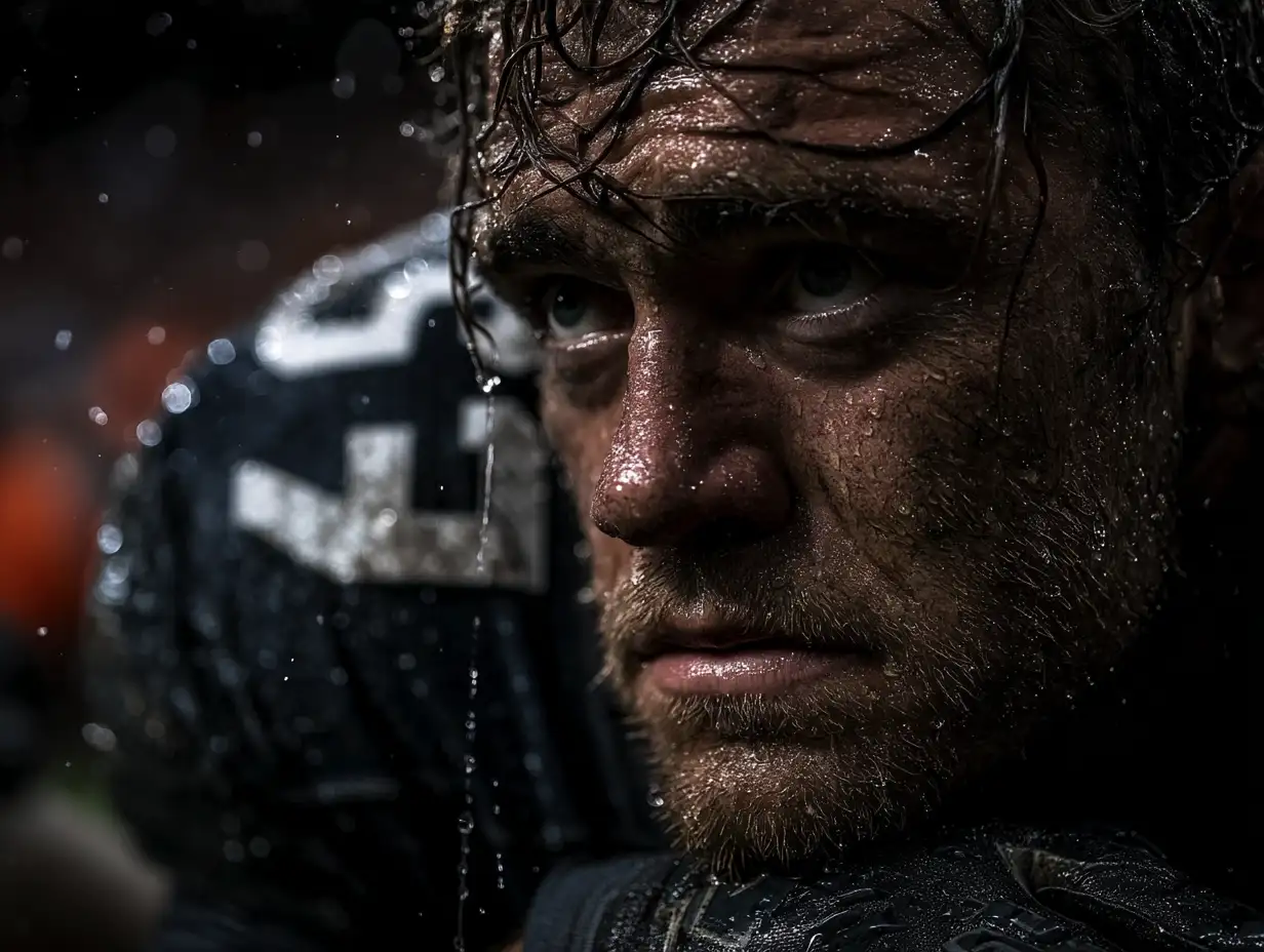 Football player kneeling in the rain after a tough game, water dripping from face, reflective wet grass, powerful emotion