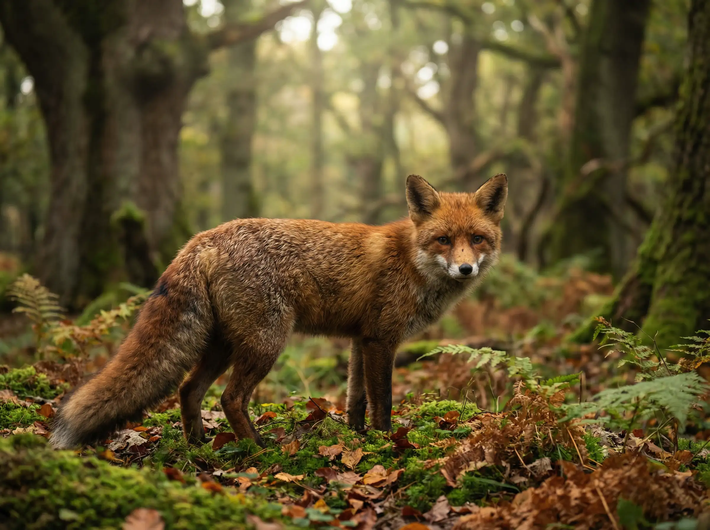 ثعلب أحمر واقعي يقف في غابة، نسيج فر مفصل، إضاءة طبيعية ناعمة، عمق مجال ضحل، أسلوب تصوير الحياة البرية، دقة فائقة العلو