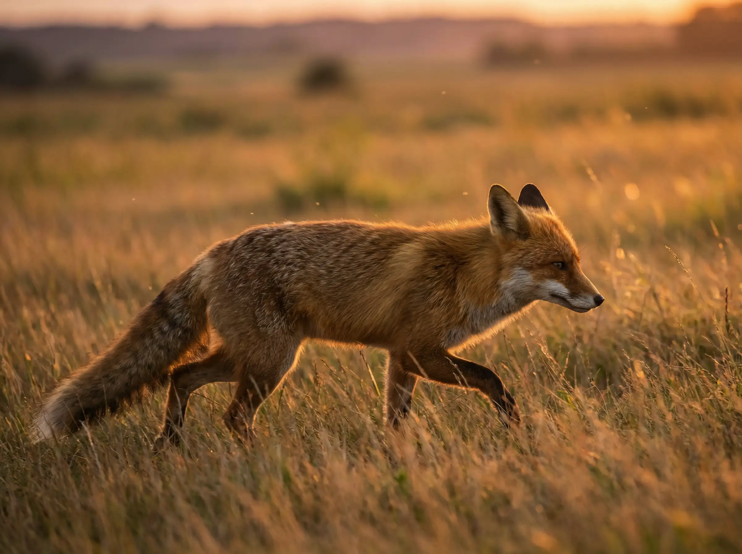 ثعلب بري يمشي عبر عشب طويل، حركة طبيعية، نسب جسم واقعية، ضوء ساعة ذهبية، تصوير طبيعي سينمائي، فر مفصل للغاية، دقة عالية