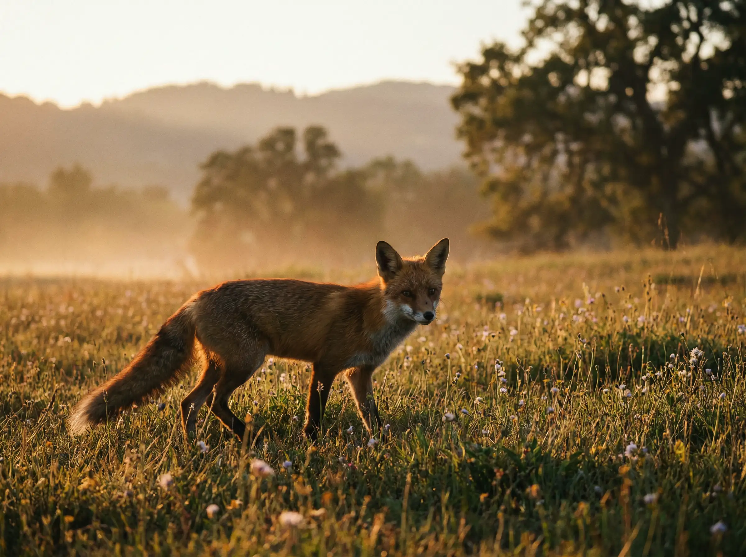 ثعلب يمشي عبر المرج عند الغروب، إضاءة ساعة ذهبية، ضباب ناعم، مشهد حياة برية سينمائي، مزاج عاطفي وهادئ