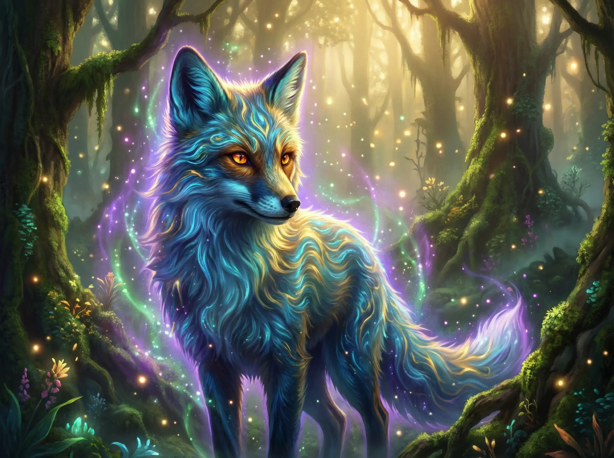 Fantasy-Fuchs mit leuchtenden Augen und magischer Aura, ätherische Waldumgebung, weiche Lichtpartikel, kinematografische Fantasy-Illustration, ultra detailliert [Bild]