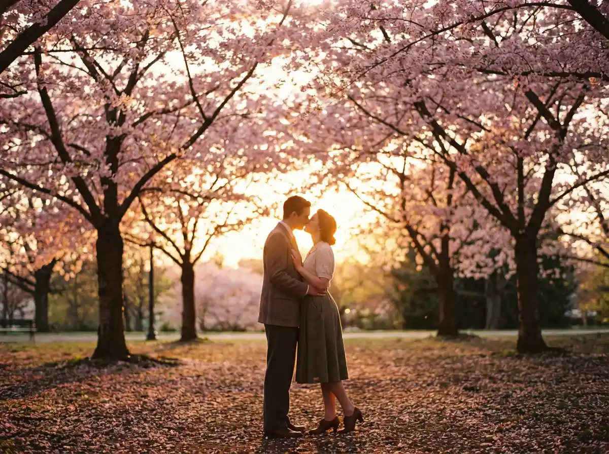 A couple kissing under cherry blossom trees at sunset, soft focus, dreamy romantic atmosphere.