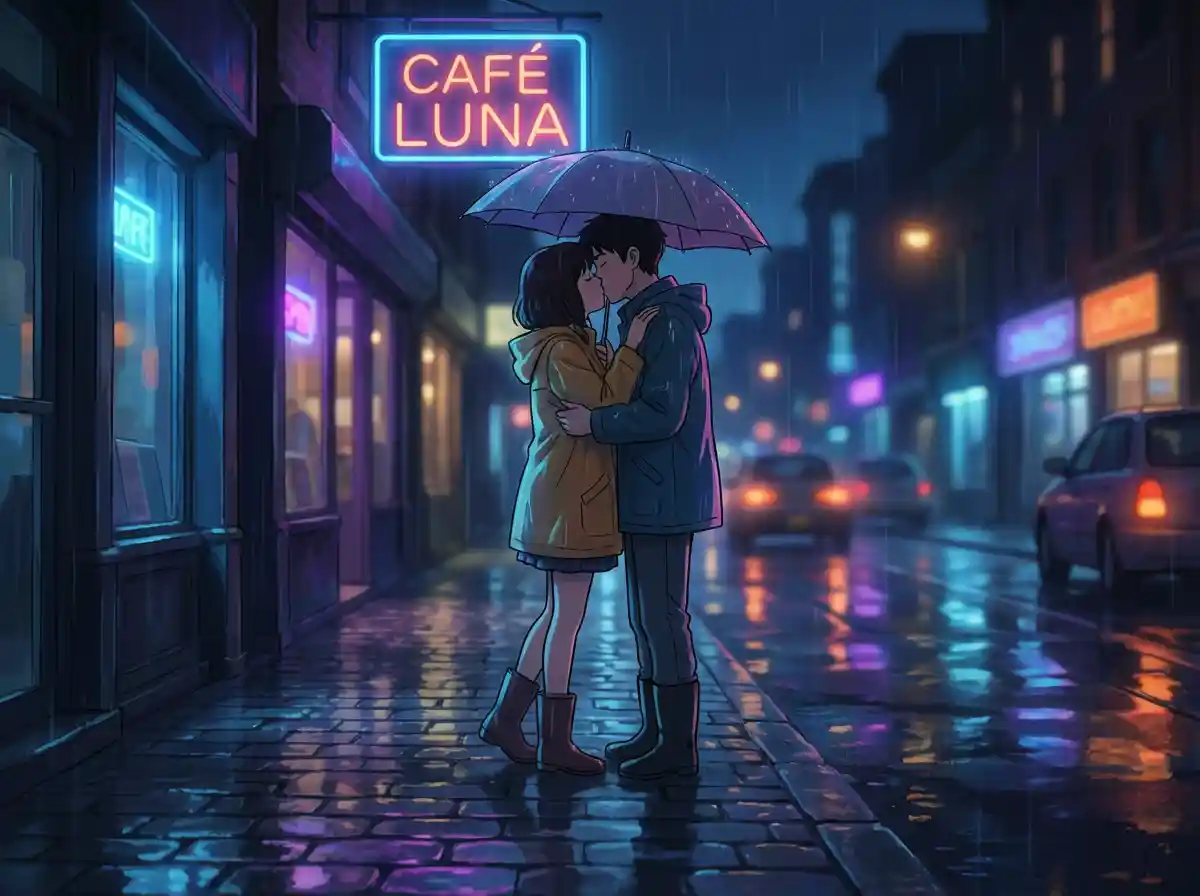 Stylized anime couple sharing a French kiss on a rainy street, neon reflections, cinematic style.