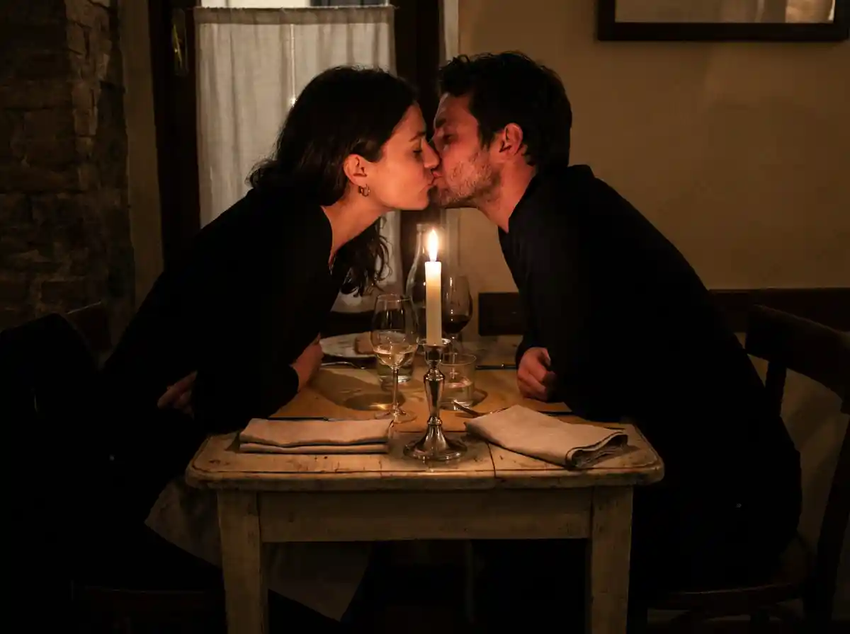 Candlelit dinner, couple leaning across table for a French kiss, soft warm glow, realistic shadows