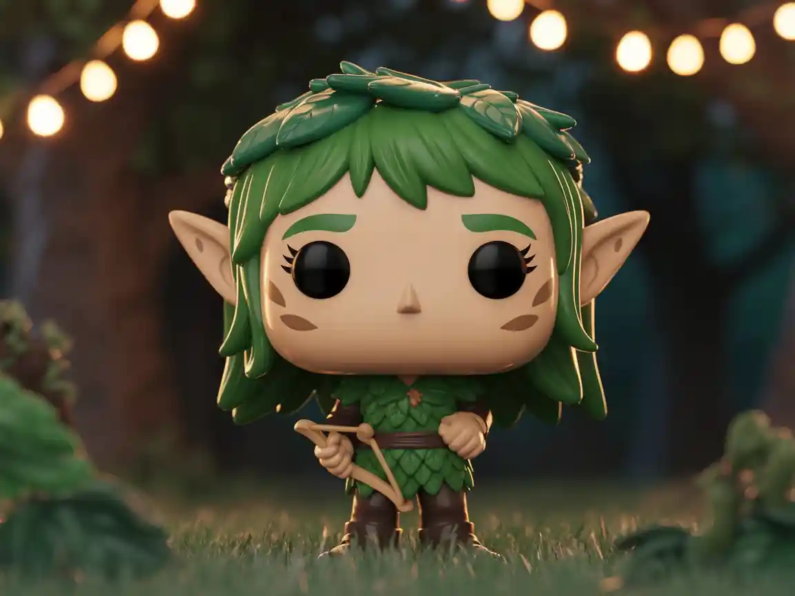 Uma adorável figura de fantasia de um elfo da floresta com orelhas pontiagudas saindo de cabelos verdes, usando uma túnica feita de folhas, segurando um pequeno arco de madeira, luz suave e mágica de floresta ao fundo.