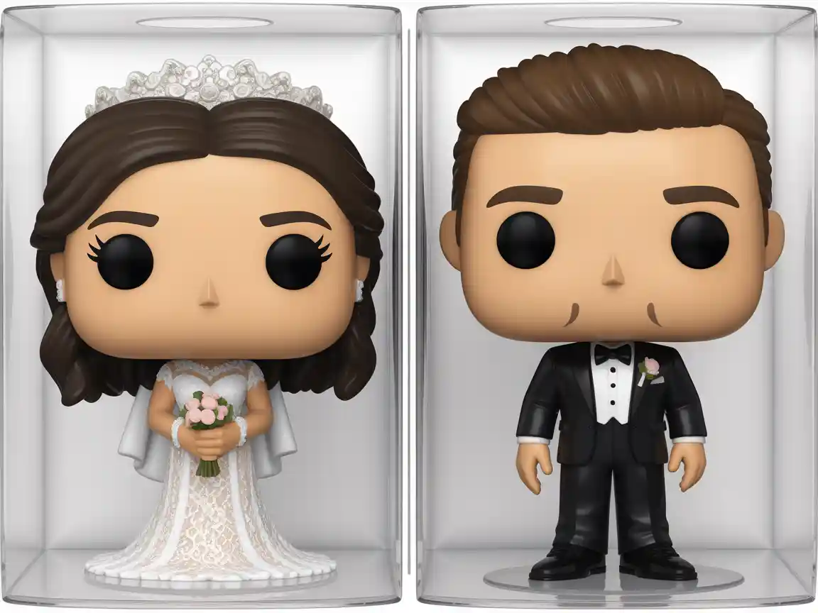 Par de figuras de Funko Pop personalizadas dentro de uma caixa de exibição compartilhada, apresentando uma noiva com vestido delicado de renda branca segurando um pequeno bouquet, e um noivo com smoking preto clássico, estilo romântico e personalizado de presente de casamento.
