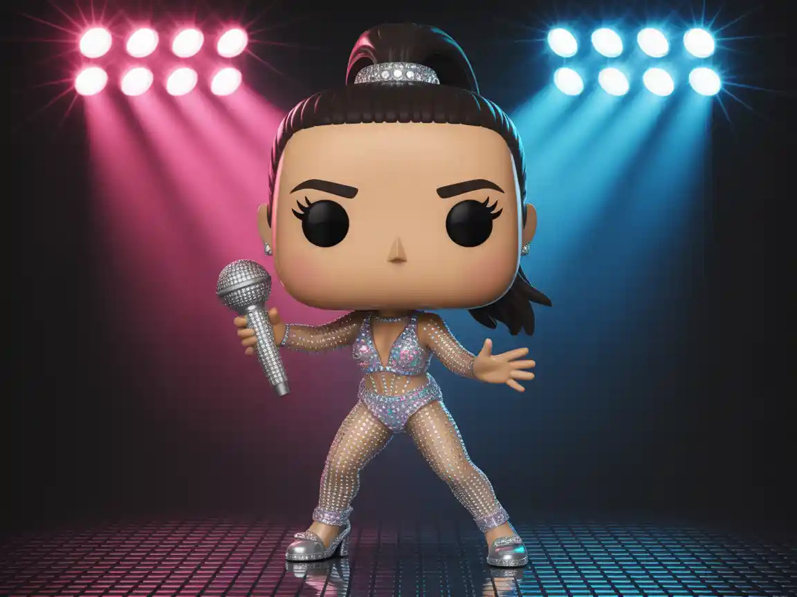 Uma glamourosa figura de Funko Pop de uma cantora pop feminina com macacão de paetês brilhantes, coque alto, segurando um microfone incrustado de pedras, pose de show dinâmica, iluminada por luzes de palco rosa e azul.