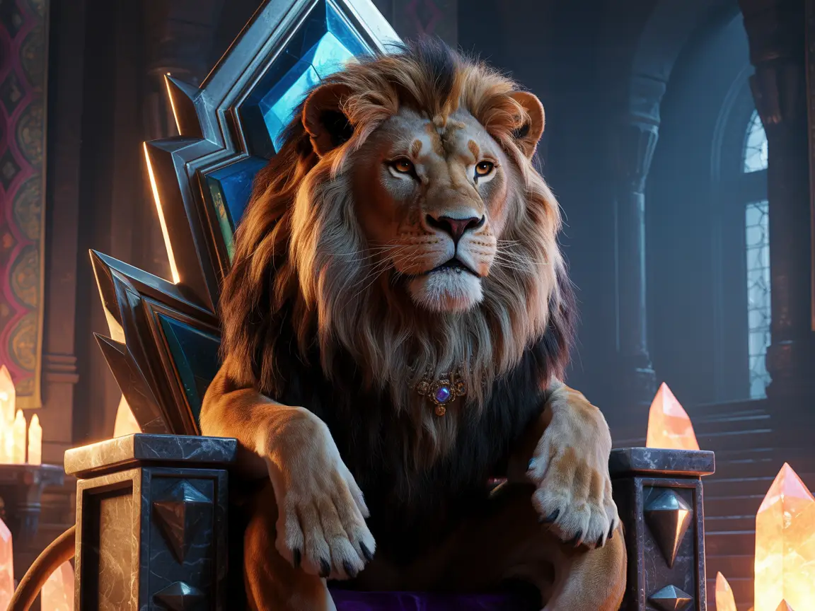 Fantasy-style furry lion king sitting on a throne, majestic lighting