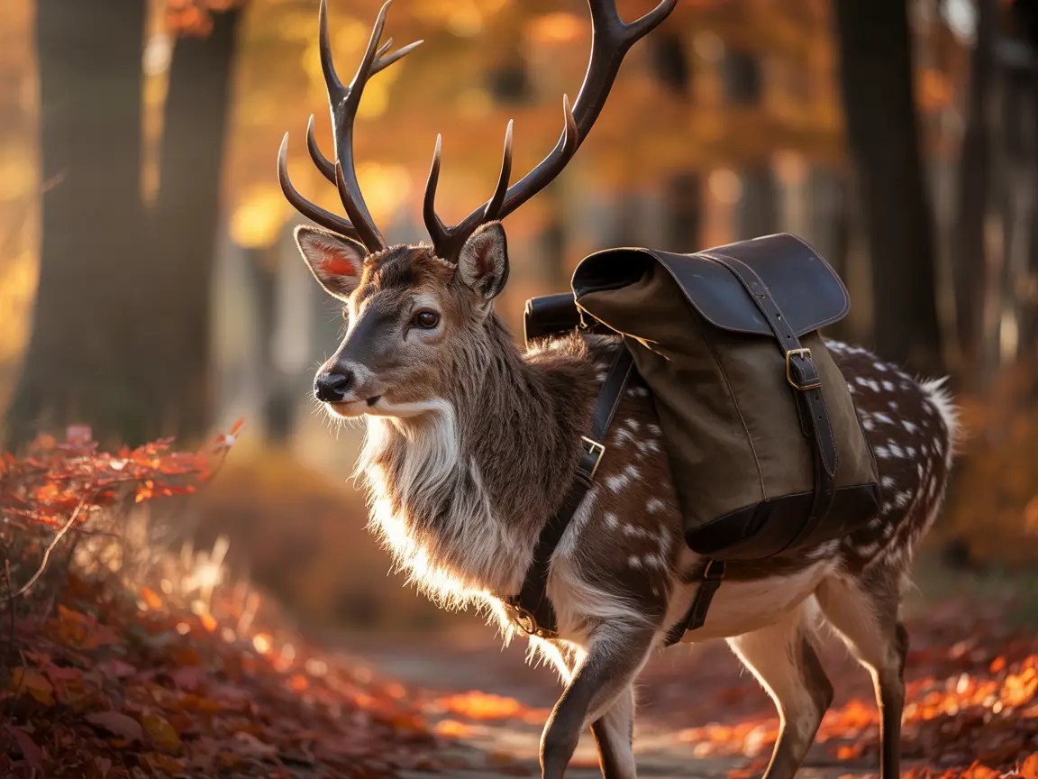 Realistic furry deer traveler with a backpack, walking through autumn forest, warm tones
