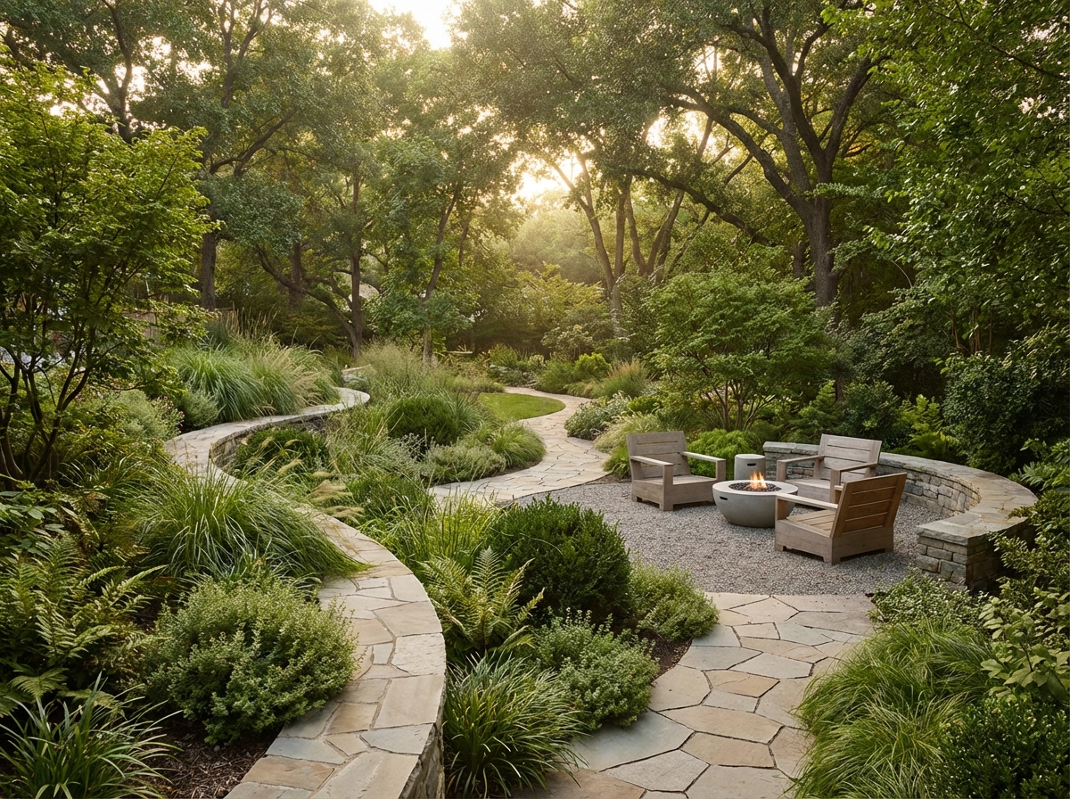 تصميم حديقة عصري مع ممرات حجرية منحنية، نباتات خضراء مورقة، أثاث خارجي بسيط، إضاءة طبيعية ناعمة، أسلوب تصور واقعي للمناظر الطبيعية