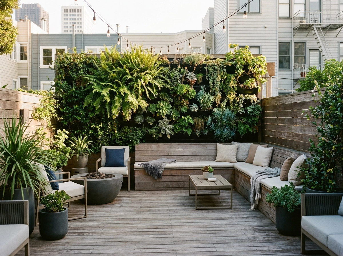 حديقة حضرية صغيرة، نباتات عمودية، سطح خشبي، مقاعد مريحة، أسلوب فناء خلفي حضري معاصر