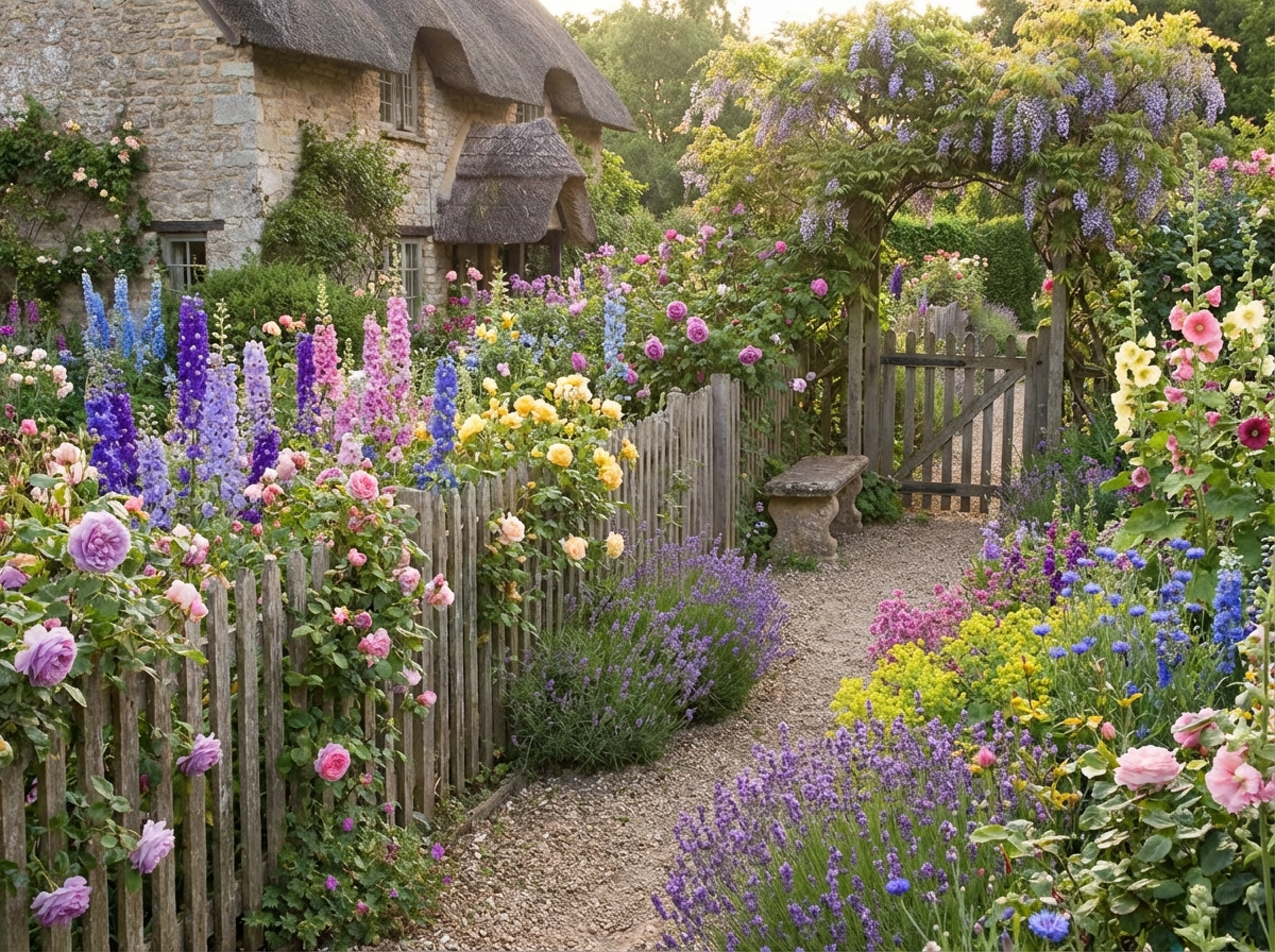 حديقة كوخ إنجليزية، أزهار ملونة، ممرات متعرجة، سياج خشبي، جماليات ريفية رومانسية