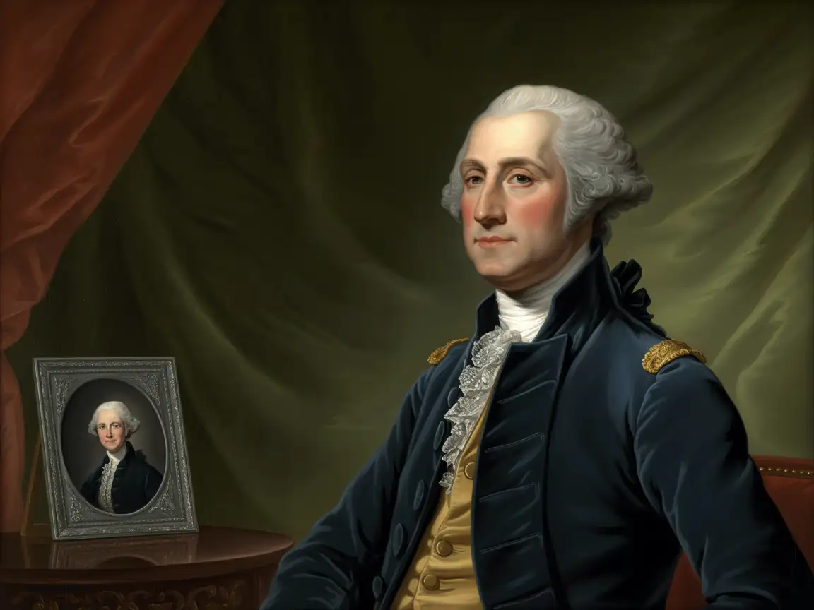 George Washington in a realistic 18th-century portrait, natural lighting, soft shadows, high detail
