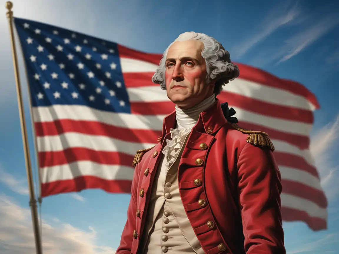 George Washington in military uniform, standing confidently in front of the American flag, photorealistic
