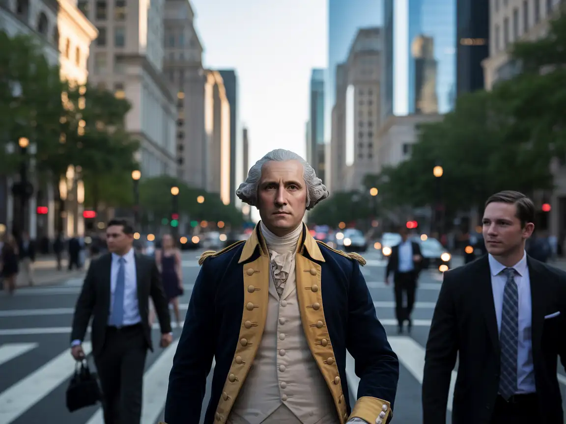 George Washington walking through modern Washington D.C., realistic street photography