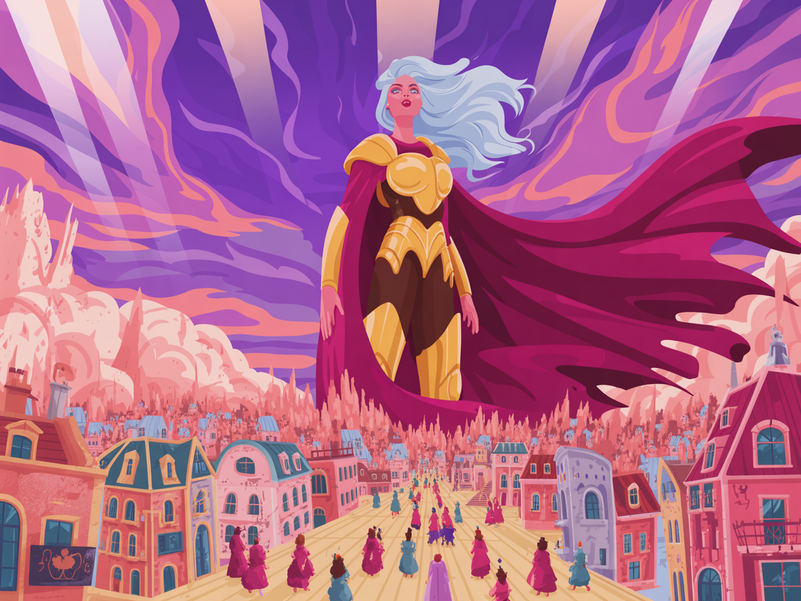 Anime-style giantess towering above a fantasy city, small people gazing up, colorful sky, epic lighting, detailed background, 2D illustration