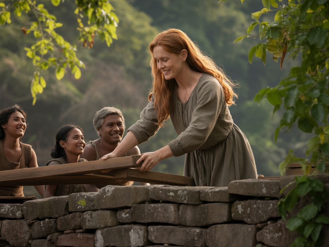 A kind giantess helping villagers repair a bridge, photorealistic composition, warm color palette