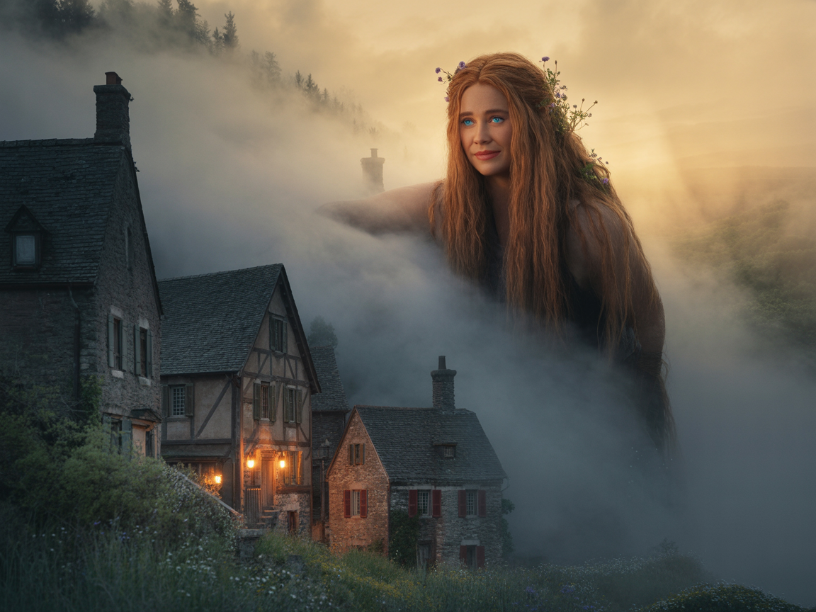 A 3D fantasy giant woman with glowing eyes protecting a small town, cinematic composition, volumetric fog