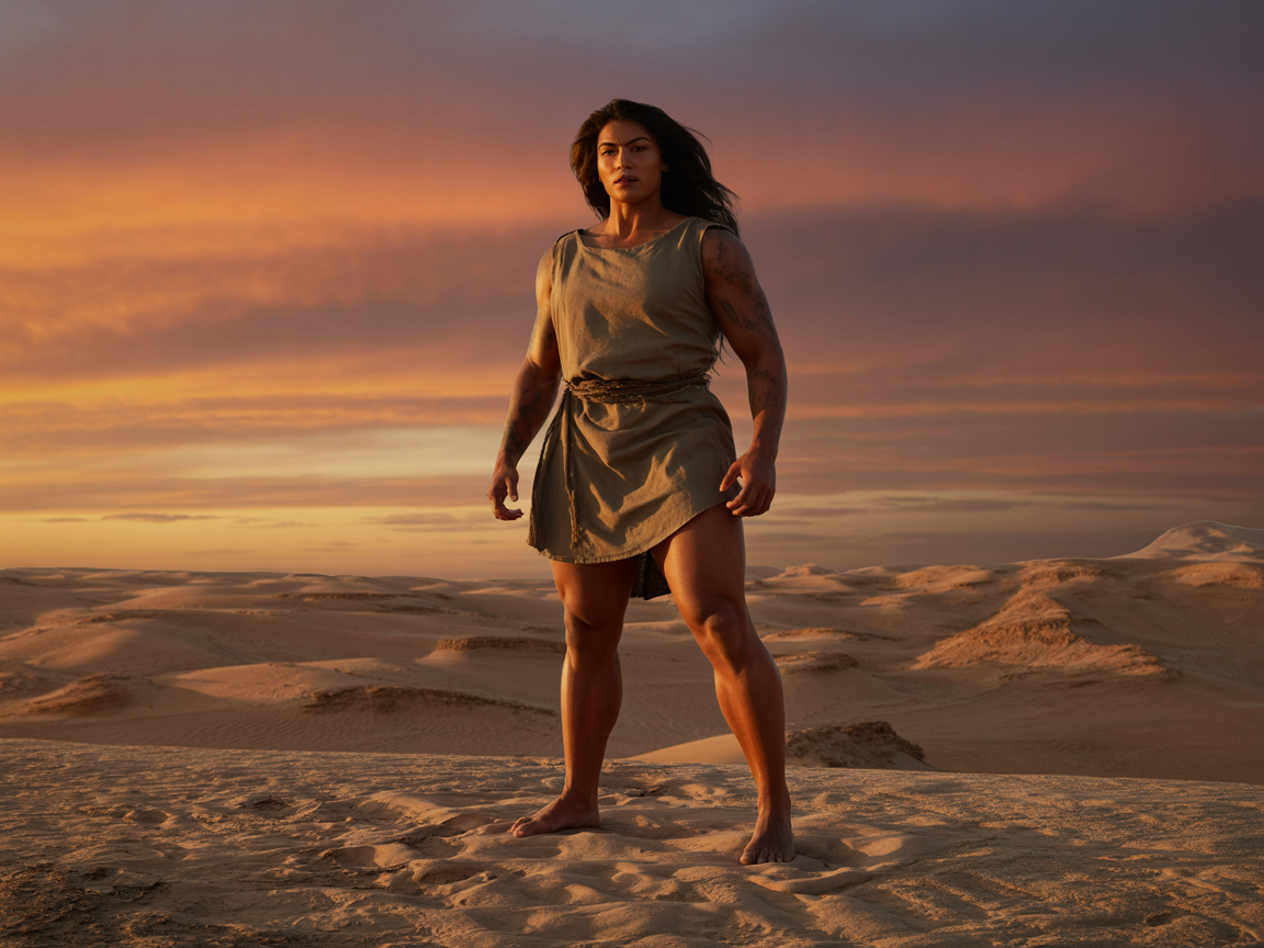 A massive woman standing on a desert plain during sunset, epic perspective, realistic lighting