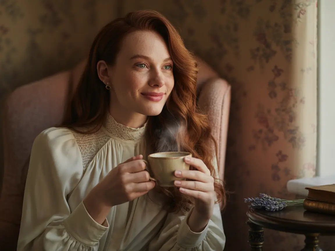 Elegant girl with long wavy hair, high-neck blouse, gentle smile, holding a coffee cup, realistic indoor setting.