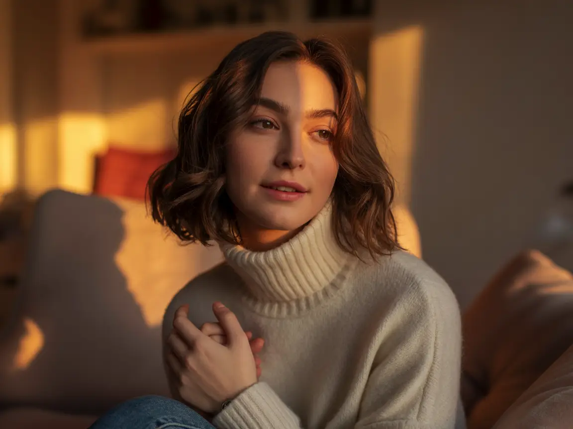 Stunning girlfriend avatar, shoulder-length brown hair, delicate features, wearing a turtleneck, soft golden hour lighting, photorealistic.