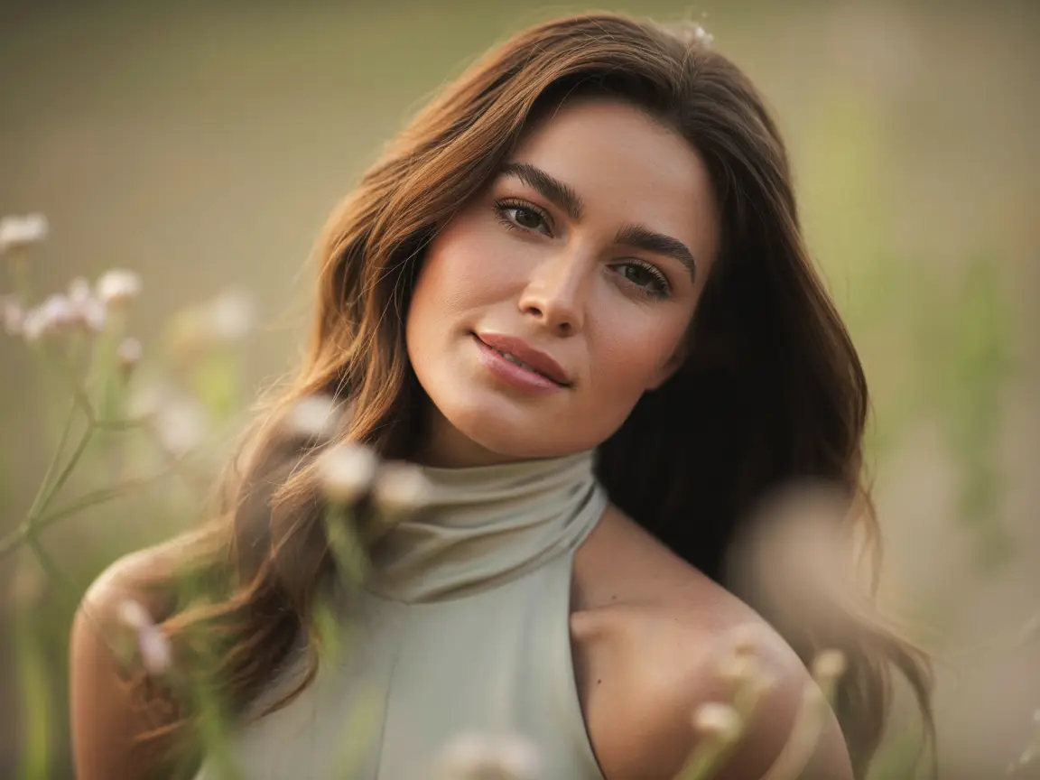 Gorgeous woman with natural beauty, long brown hair, high-neck top, smiling gently, soft focus background, ultra HD portrait.