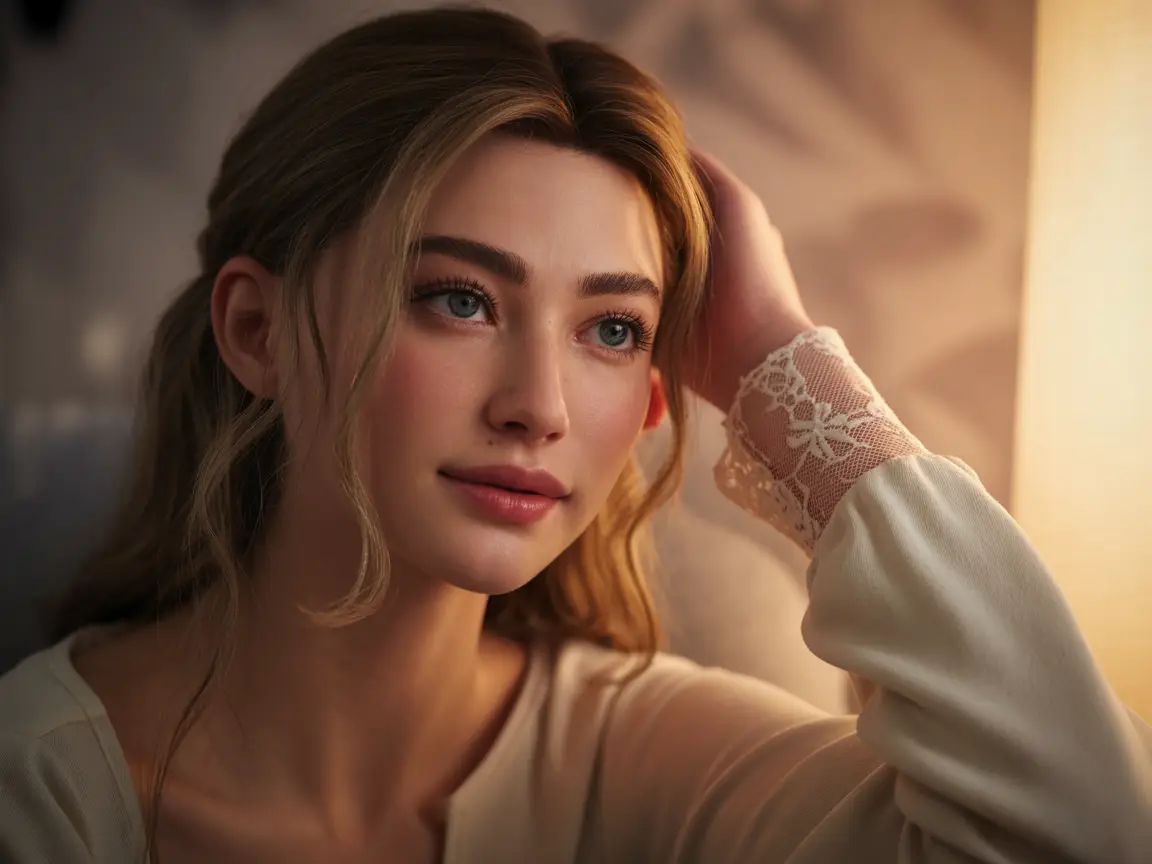 Close-up of beautiful girlfriend avatar, radiant skin, soft natural makeup, wearing a long-sleeve top, ambient sunlight, photorealistic style.