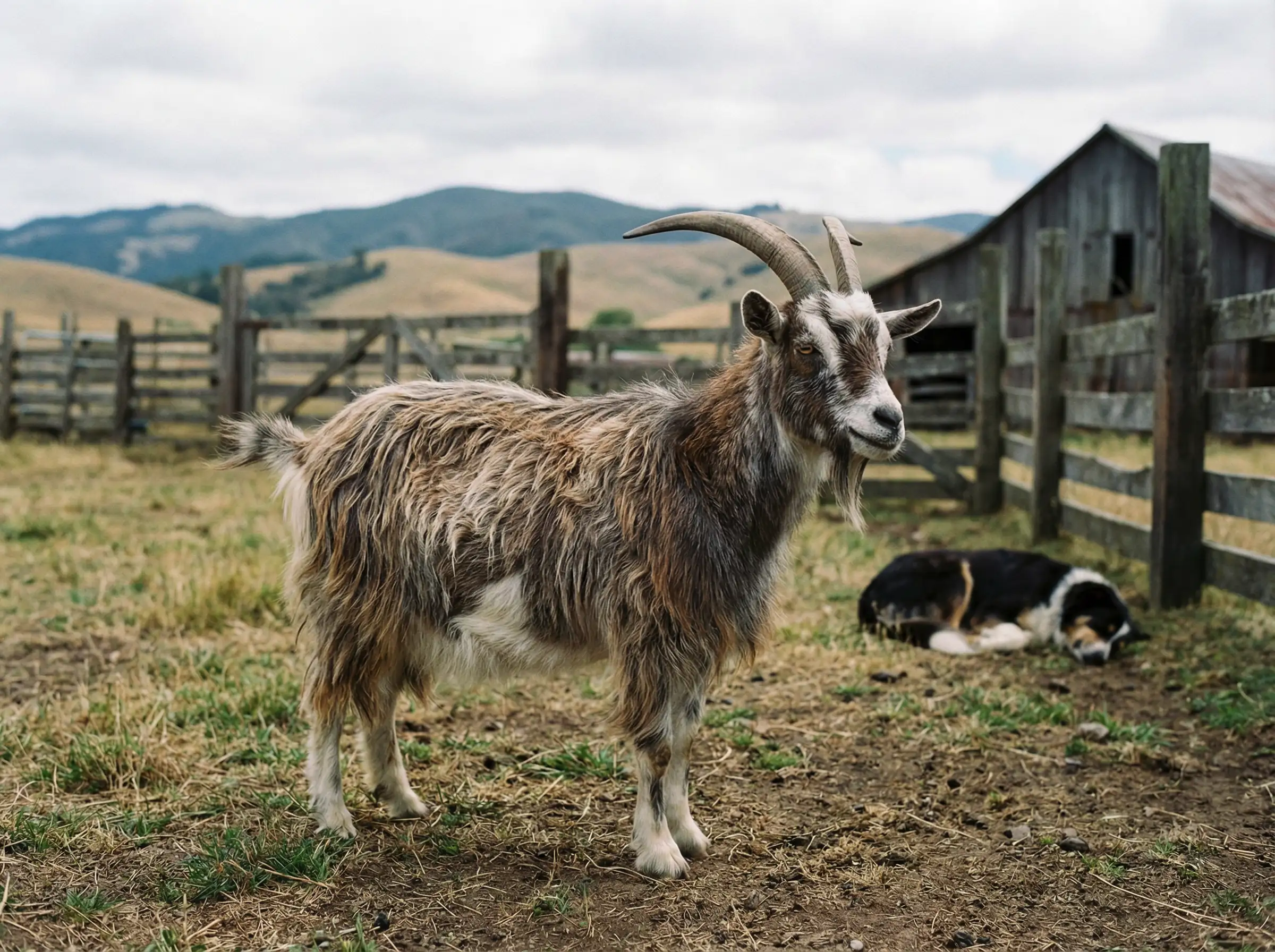 Mountain goat standing on rocky terrain, rugged landscape, realistic fur and horns, cold natural lighting, cinematic wildlife photography, documentary style realism