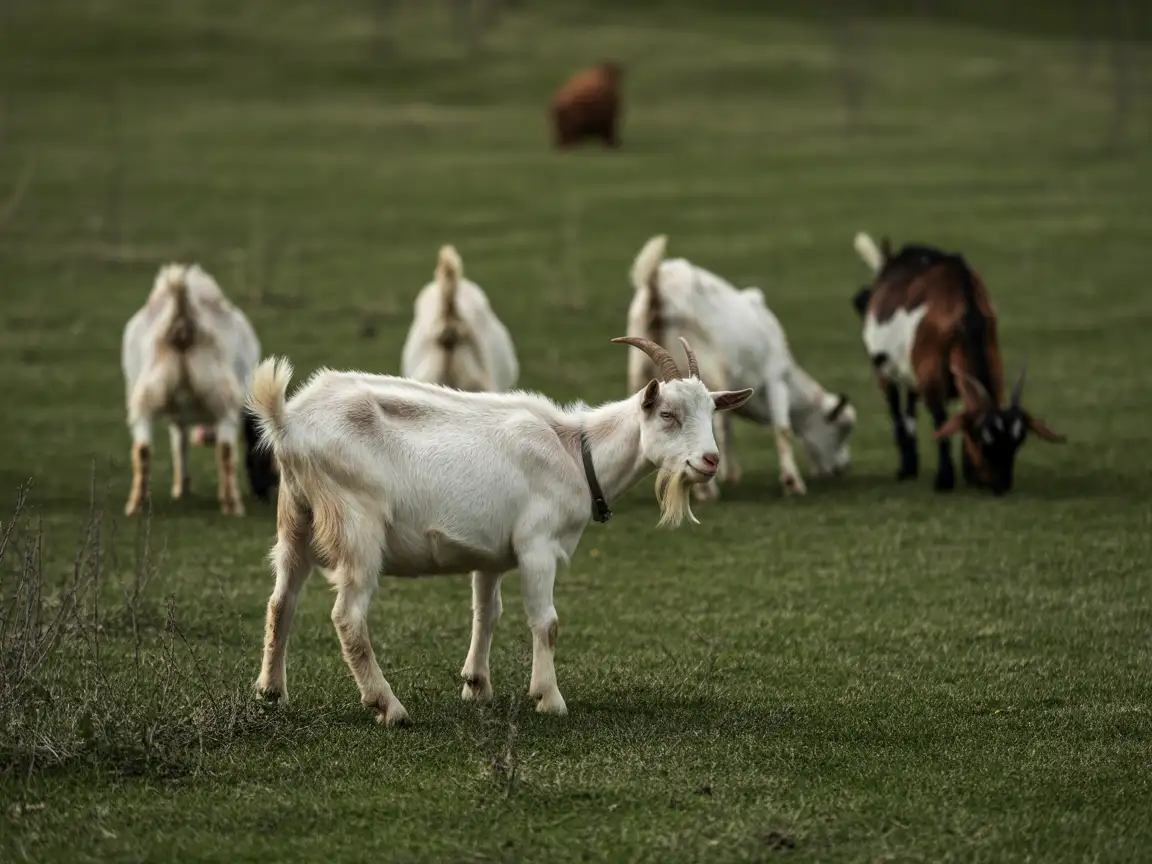Group of goats grazing in open pasture, realistic fur details, natural environment, balanced daylight, documentary farm photography style, high resolution
