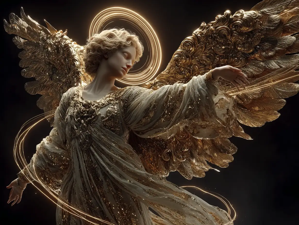 Golden-winged celestial being radiating compassion and warmth, surrounded by flowing light ribbons, Renaissance-inspired digital art