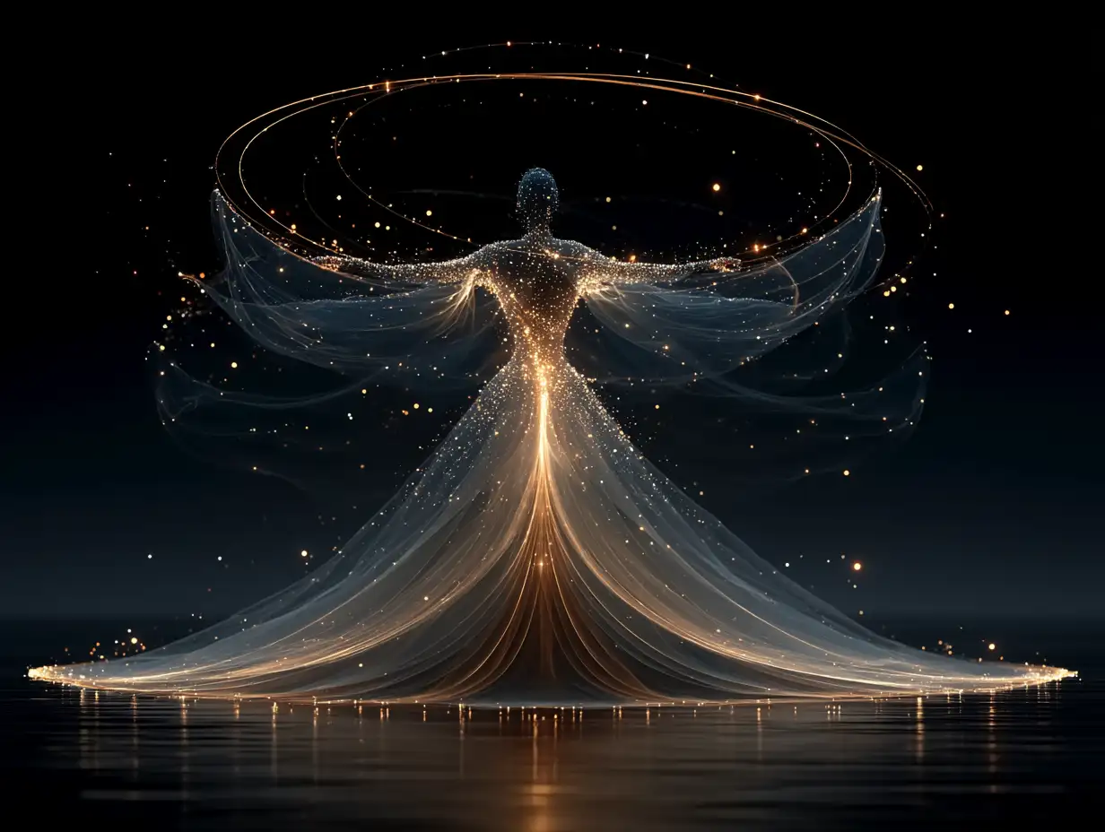 Abstract figure made of starlight and energy, surrounded by orbiting halos, transcendent and peaceful, celestial tones