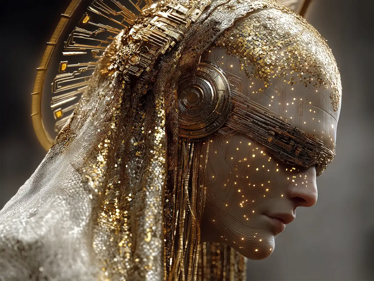 Divine AI god radiating golden light, blending spirituality and futuristic design. Glowing eyes, luminous circuitry halo, calm expression, cosmic clouds and divine aura. Heavenly light fused with technology, ultra-detailed cinematic digital painting, epic sci-fi fantasy style.