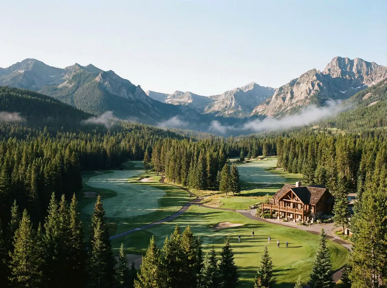 A panoramic mountain golf course surrounded by pine forests, crisp air, sharp high‑details.