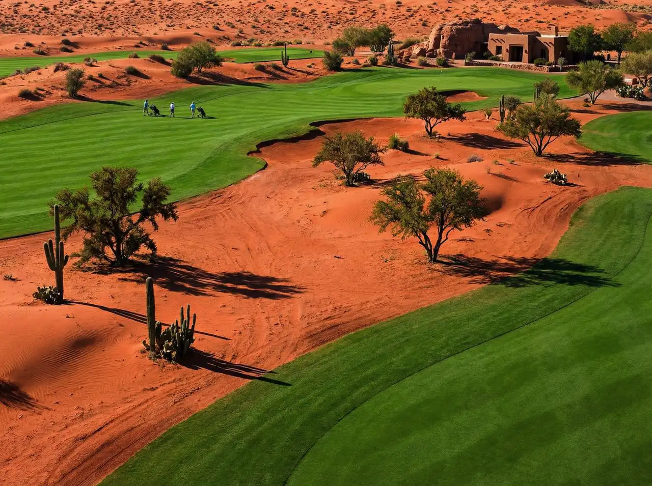 A desert golf course with red sand dunes and green fairways, harsh sunlight, striking contrast.