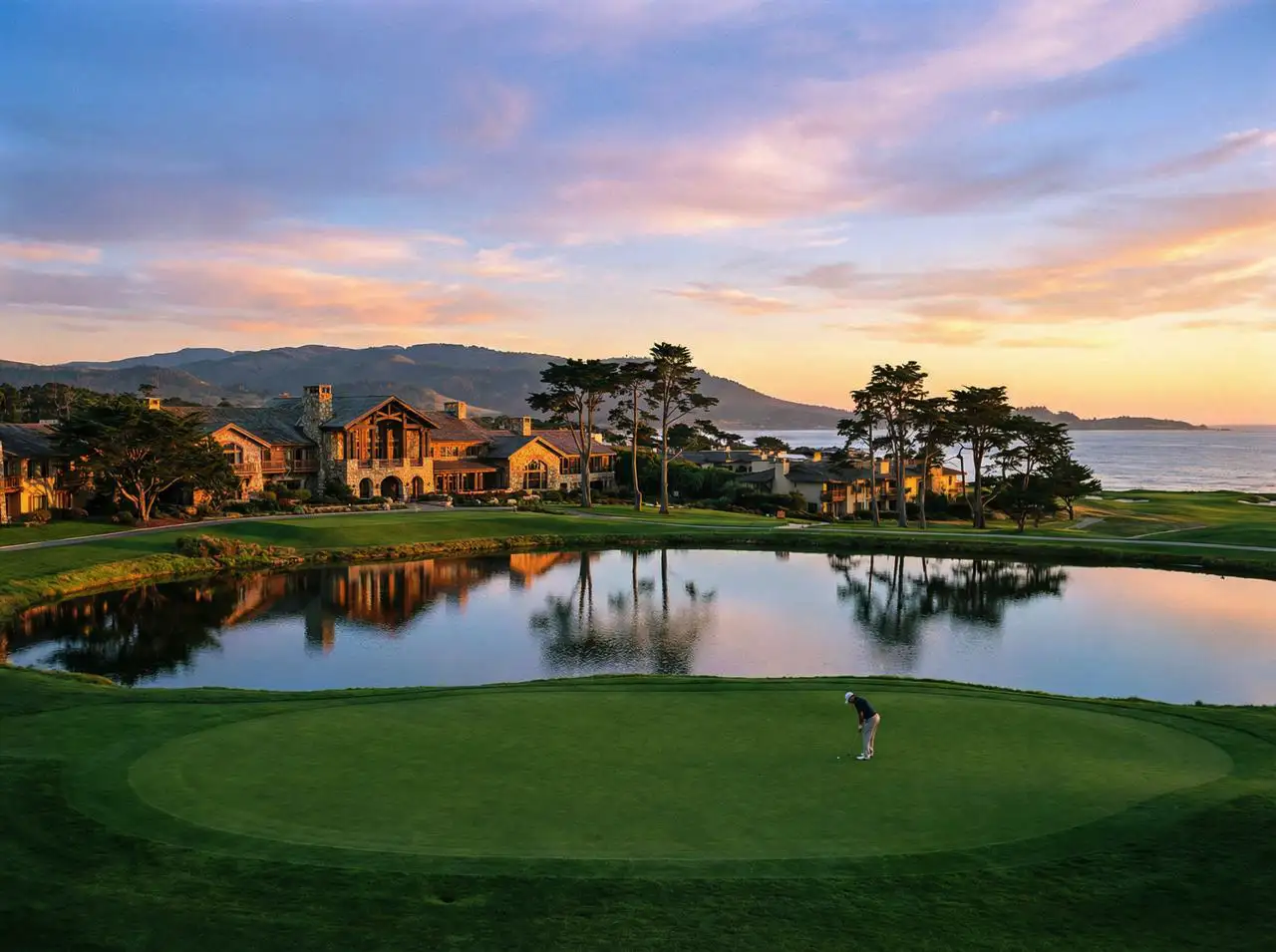 A luxury resort golf course with manicured greens and a lake reflecting the sky, photorealistic.