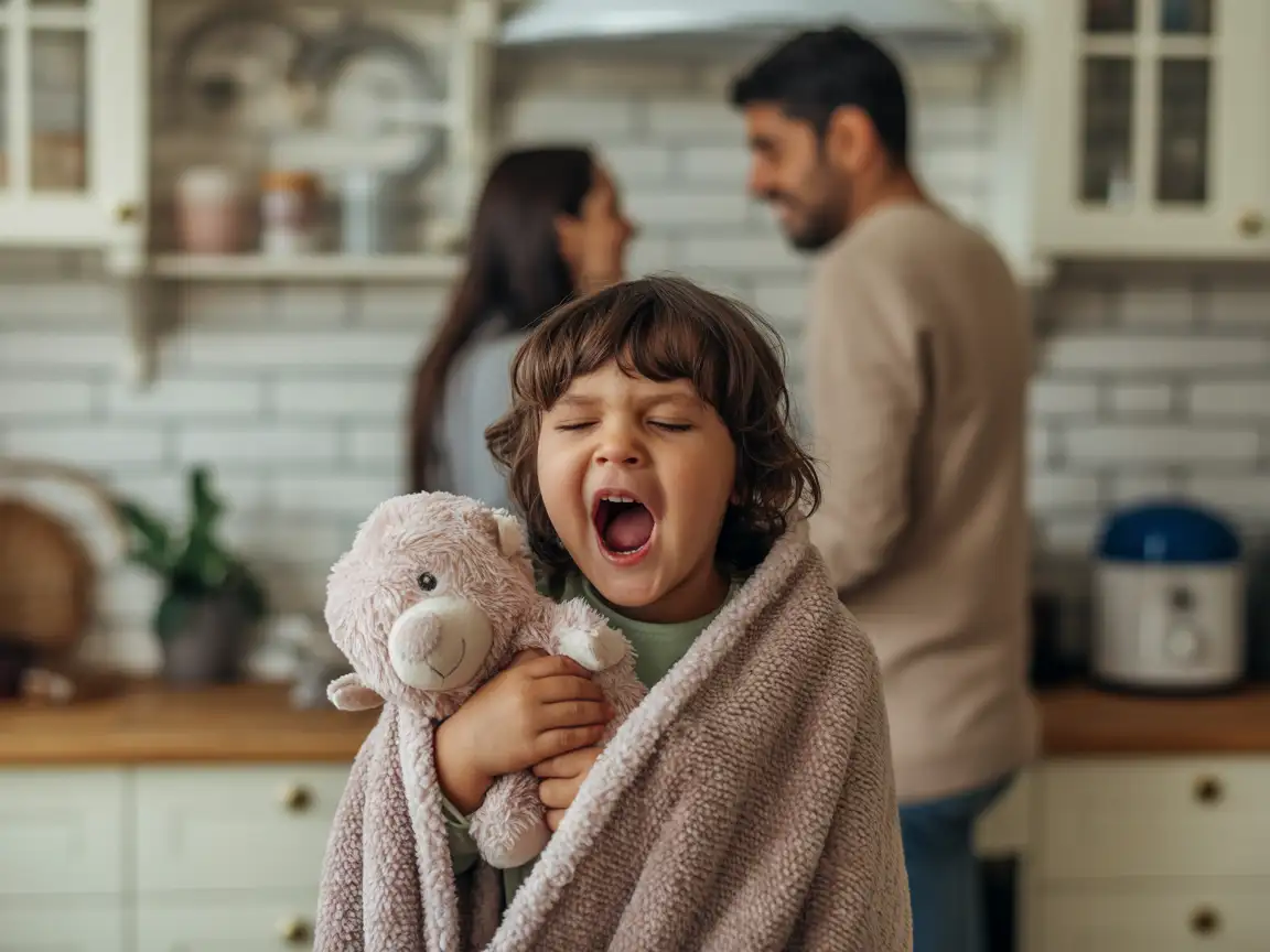 A child with a sleepy face, yawning and greeting their parents in the kitchen, holding a plush toy and wrapped in a cozy blanket.