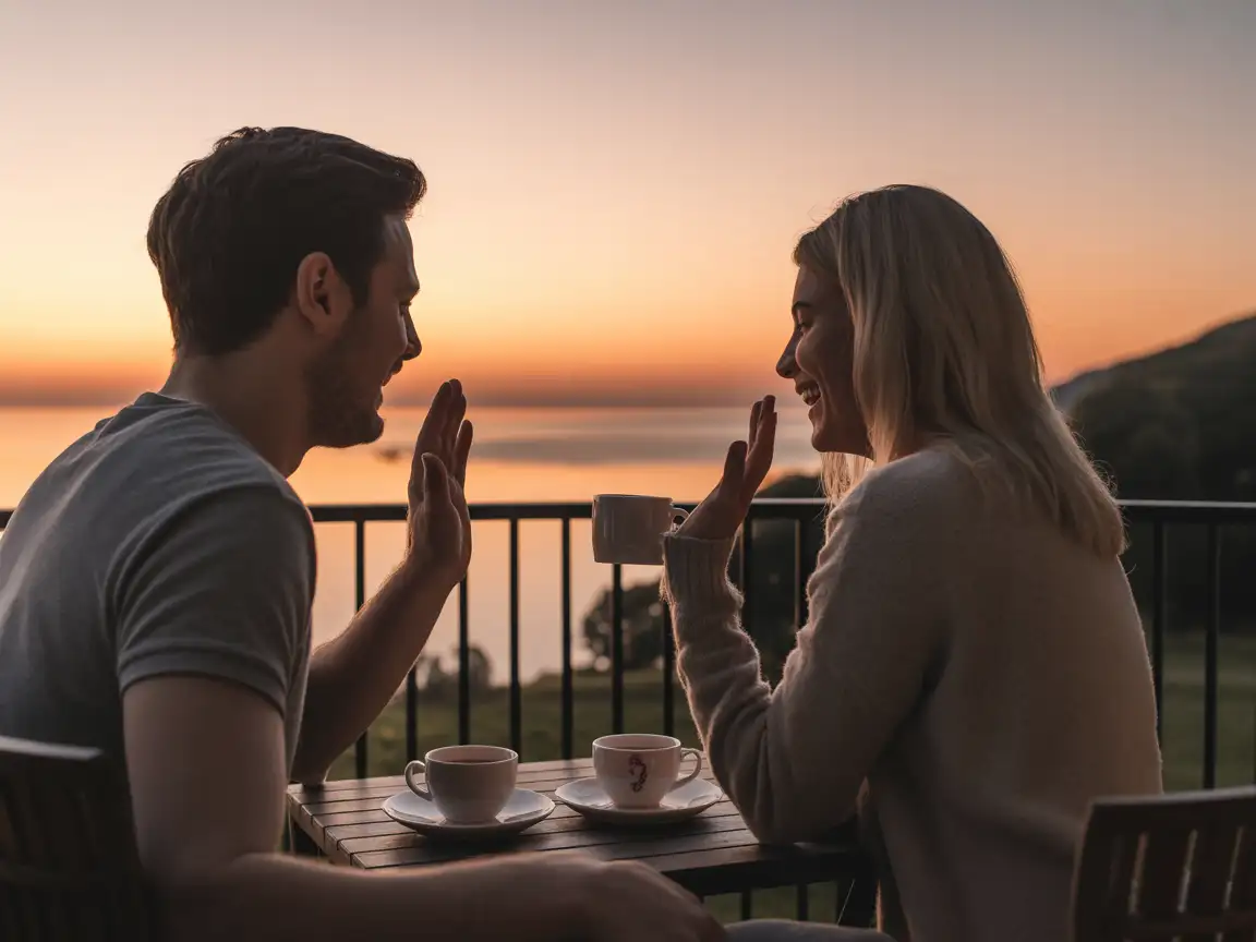 A couple sitting on a balcony, enjoying the sunrise together, sharing a cup of tea and waving at the day ahead.