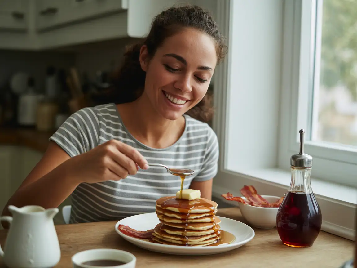 A young woman with a warm smile, enjoying a stack of pancakes with syrup, butter, and a side of bacon, while sitting by the kitchen window.
