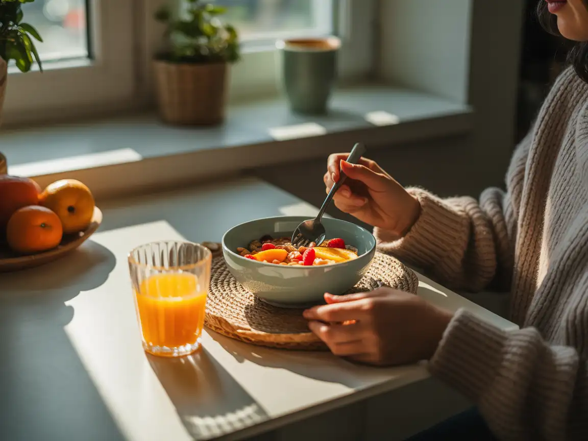 A person sitting at a cozy kitchen table, enjoying a bowl of cereal with fresh fruit, and sipping on a glass of orange juice, with sunlight streaming in from the window.