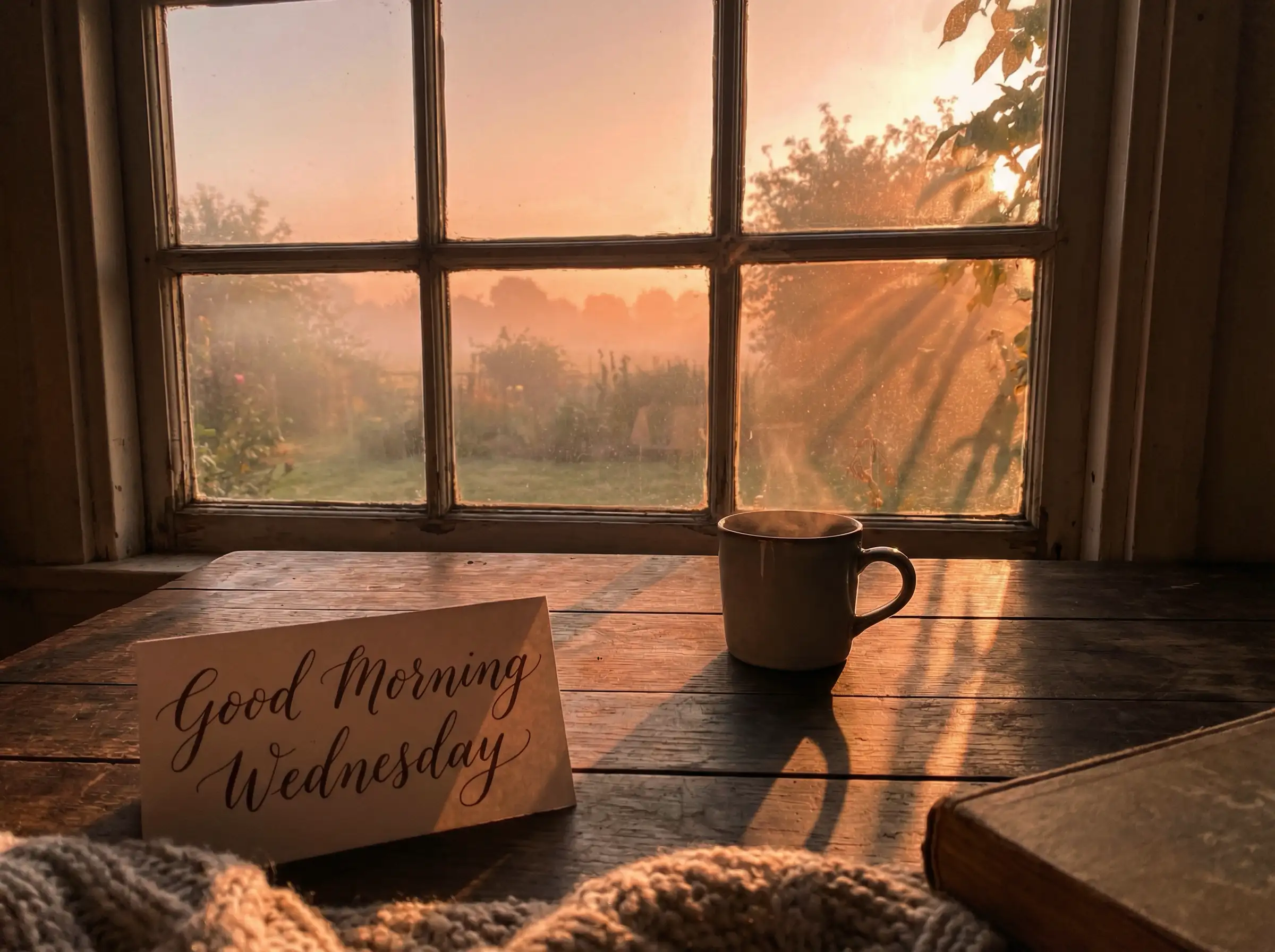 Soft Wednesday sunrise shining through a window, warm golden light, steaming coffee cup on a wooden table, cozy shadows, peaceful morning atmosphere, elegant “Good Morning Wednesday” text