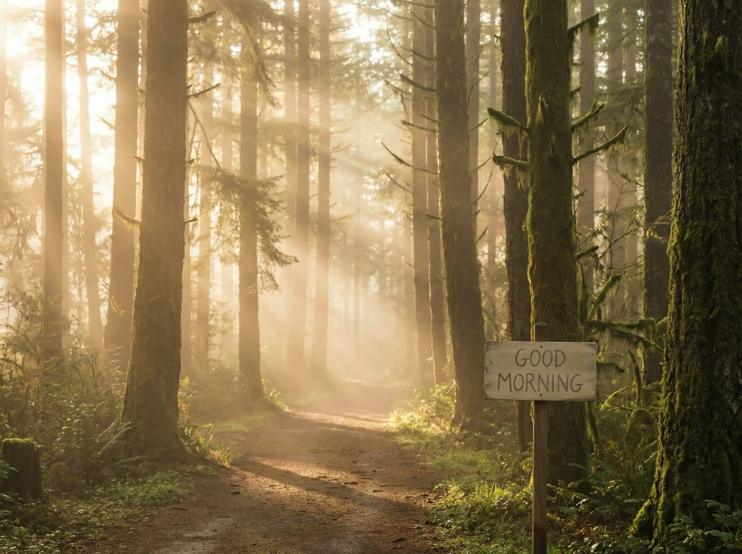 Wednesday morning light over a quiet forest, mist rising between trees, warm golden tones, serene nature atmosphere, subtle morning greeting