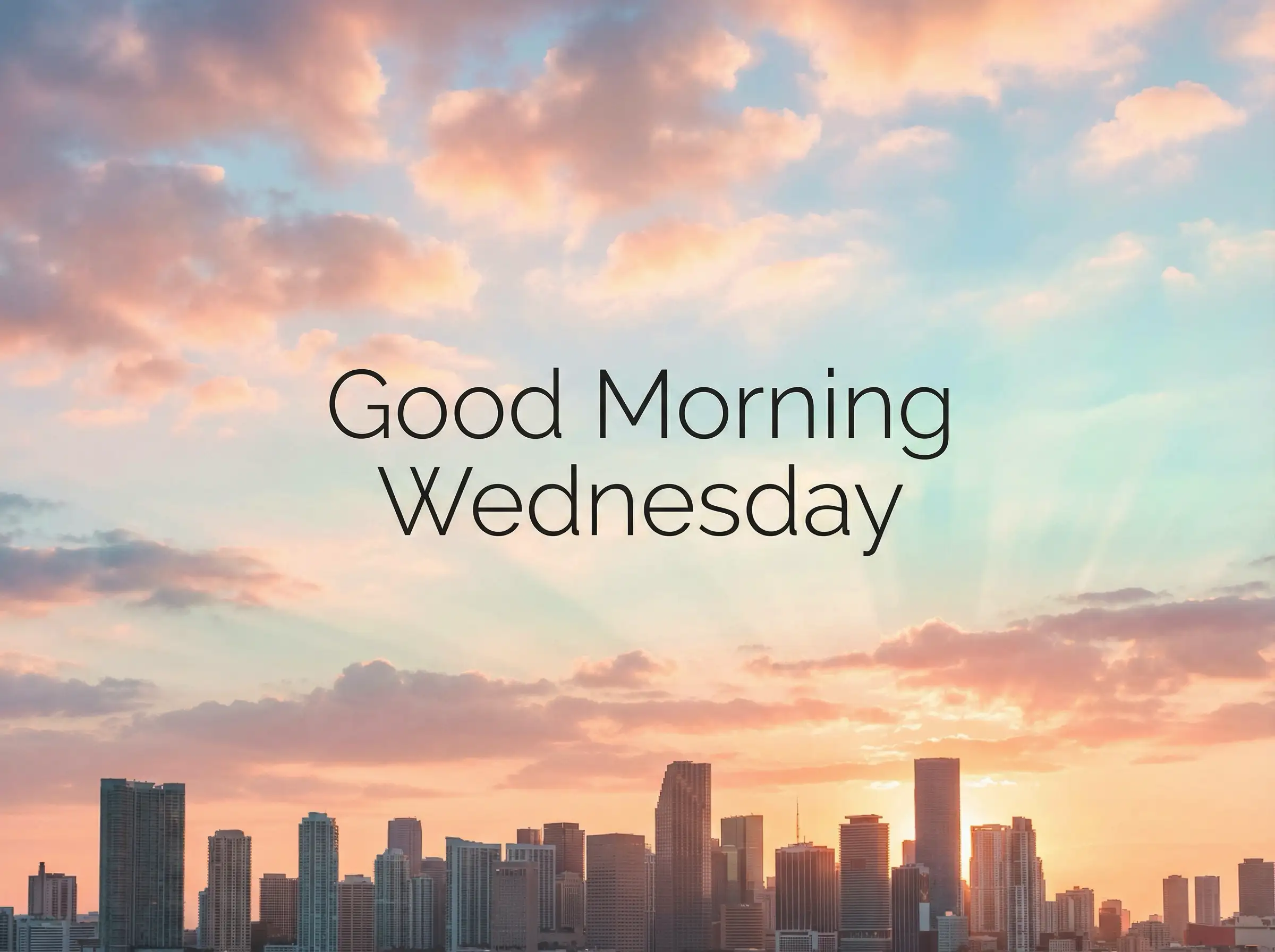 Bright Wednesday morning city skyline with soft pastel sky, gentle sunbeams, calm mood, minimalist motivational “Good Morning Wednesday” typography