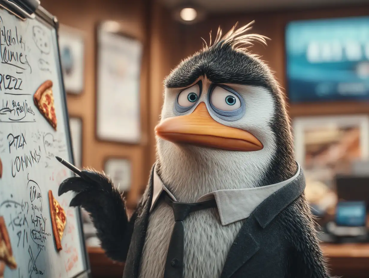 A serious penguin in a suit giving a PowerPoint presentation about pizza economics, glass office background, Pixar lighting, cinematic comedy