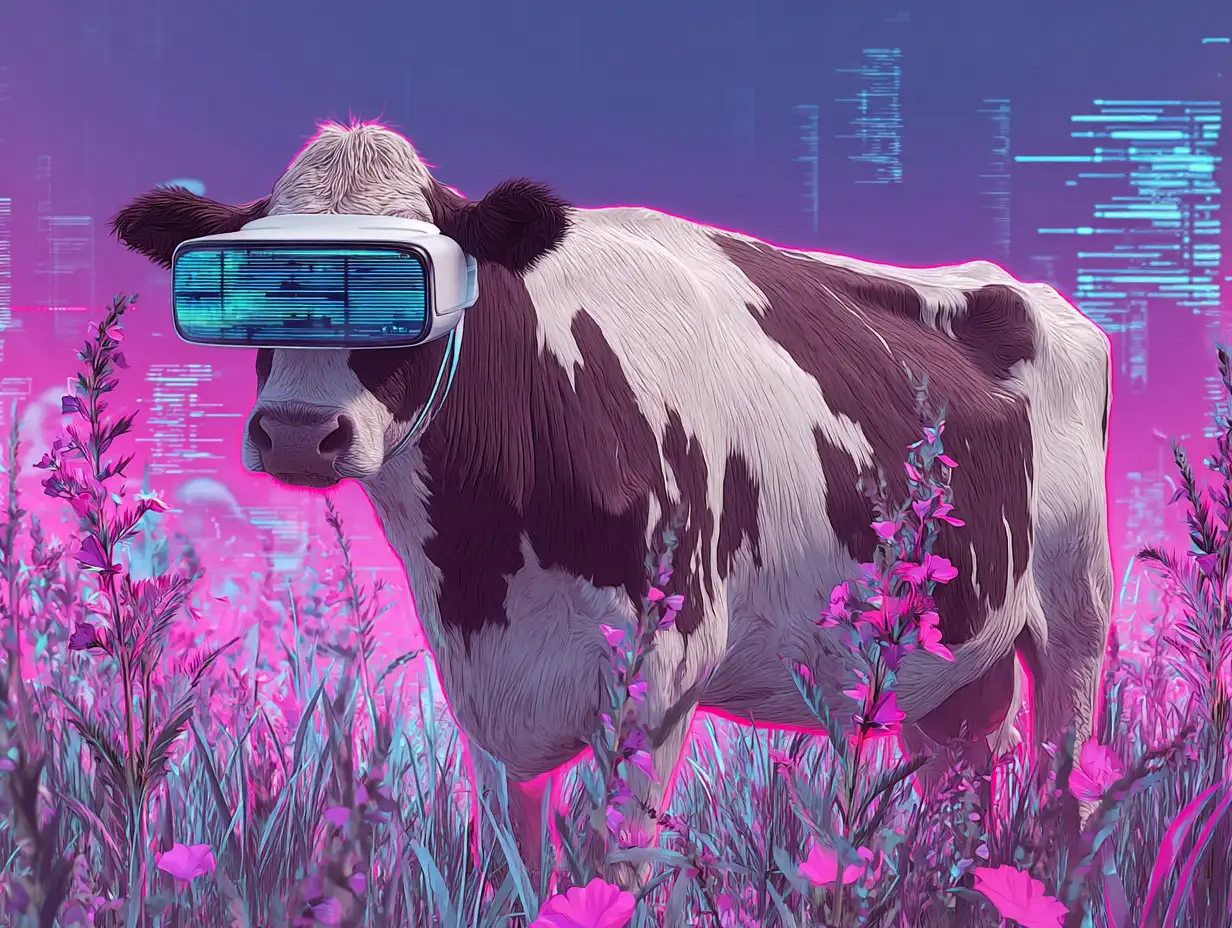 A cow wearing a futuristic VR headset standing in a digital meadow made of pixels and code, goofy-tech aesthetic, soft neon light