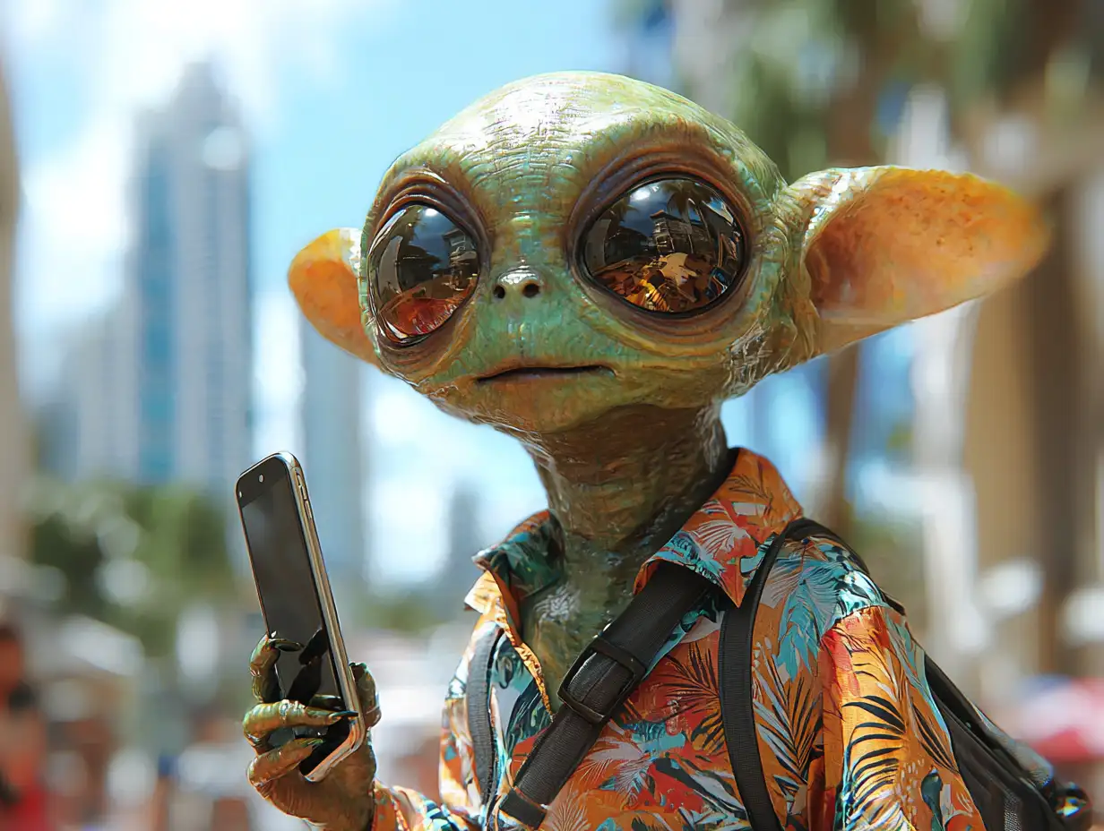 Cute green alien wearing Hawaiian shirt and holding smartphone selfie stick, Earth skyline in background, bright vacation vibes