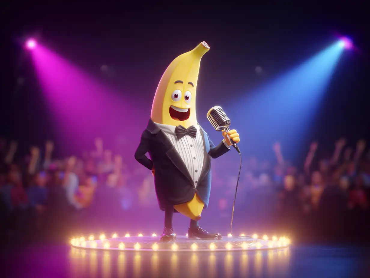 Banana wearing a tuxedo holding a microphone on a late-night TV stage, colorful spotlights and audience laughter, cartoon-realistic style