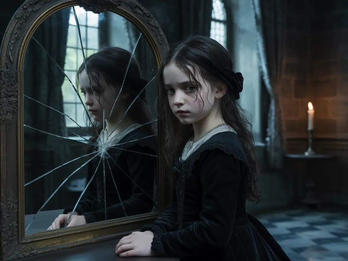 Mysterious gothic girl reflected in a cracked mirror, symbolizing duality and sorrow