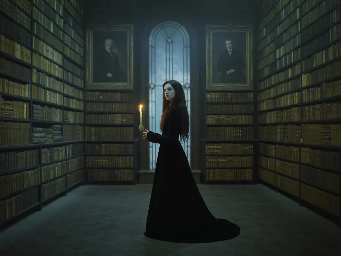 Gothic girl holding a candle in a dark room filled with antique portraits and dust