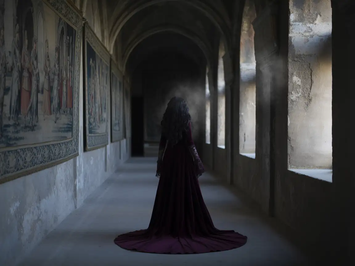 Gothic woman in a long flowing dress walking through an abandoned castle corridor