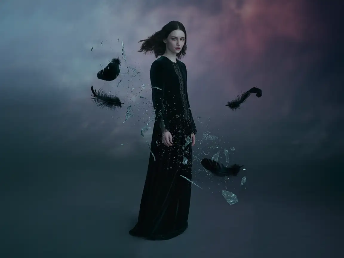 Gothic girl floating in a dreamlike space with broken glass and black feathers around her